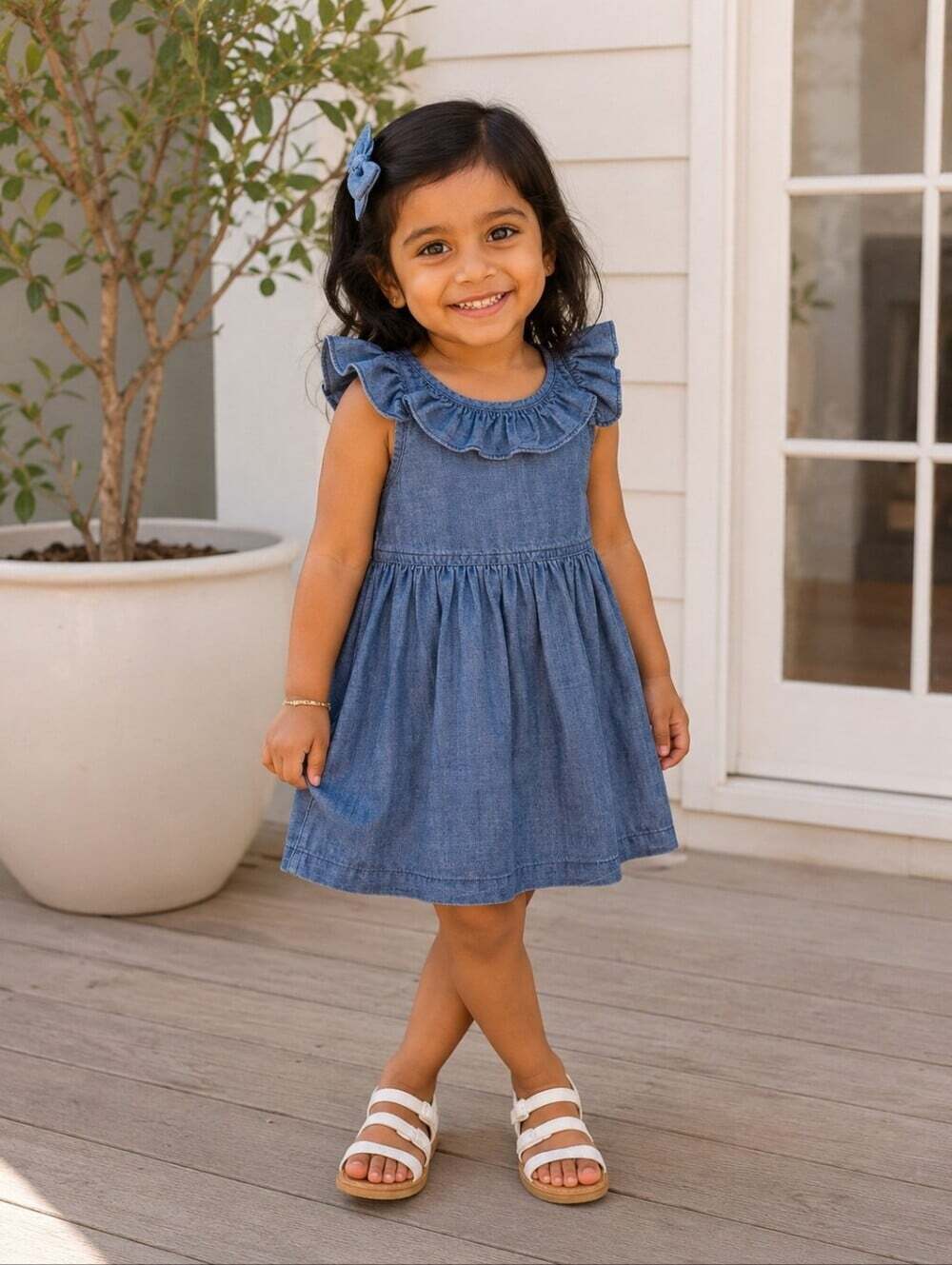 Old Navy Girls Chambray Denim Ruffle Dress Blue Size 3T Cottagecore